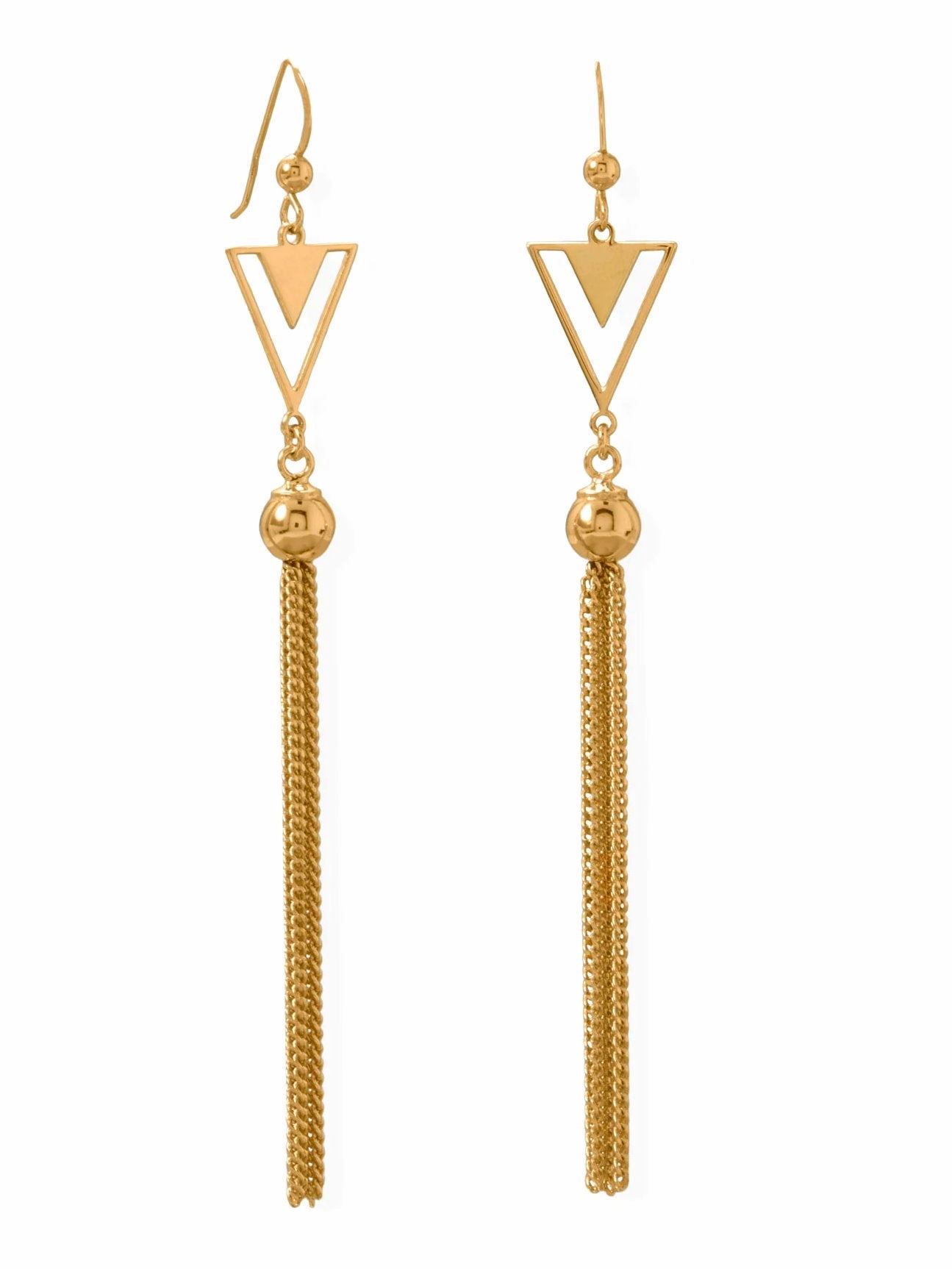 Tassel Earrings with Double Triangle and Bead Gold-plated Sterling Silver Pretty Aesthetic Office Embellishment