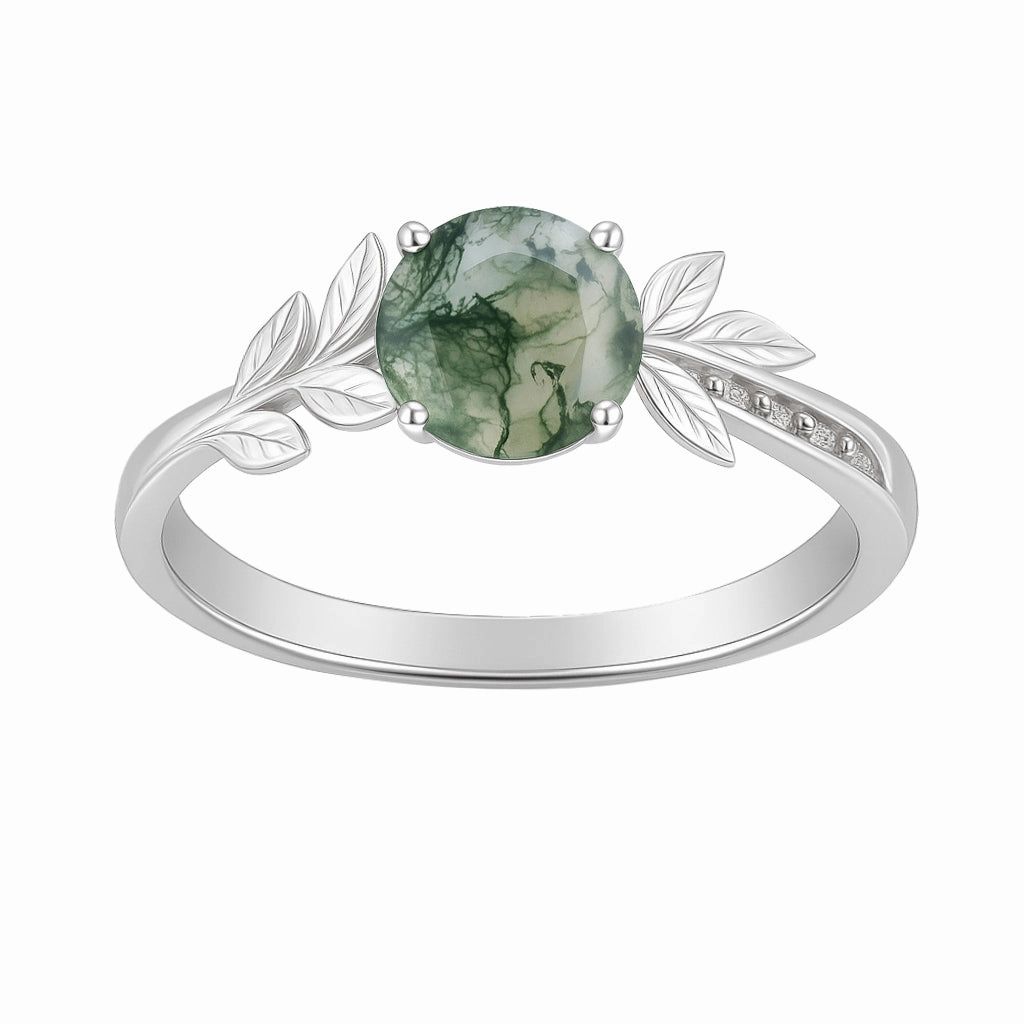 Sparkling Product 1.05 Ct Round Green Moss Agate Leaf Engagement Ring