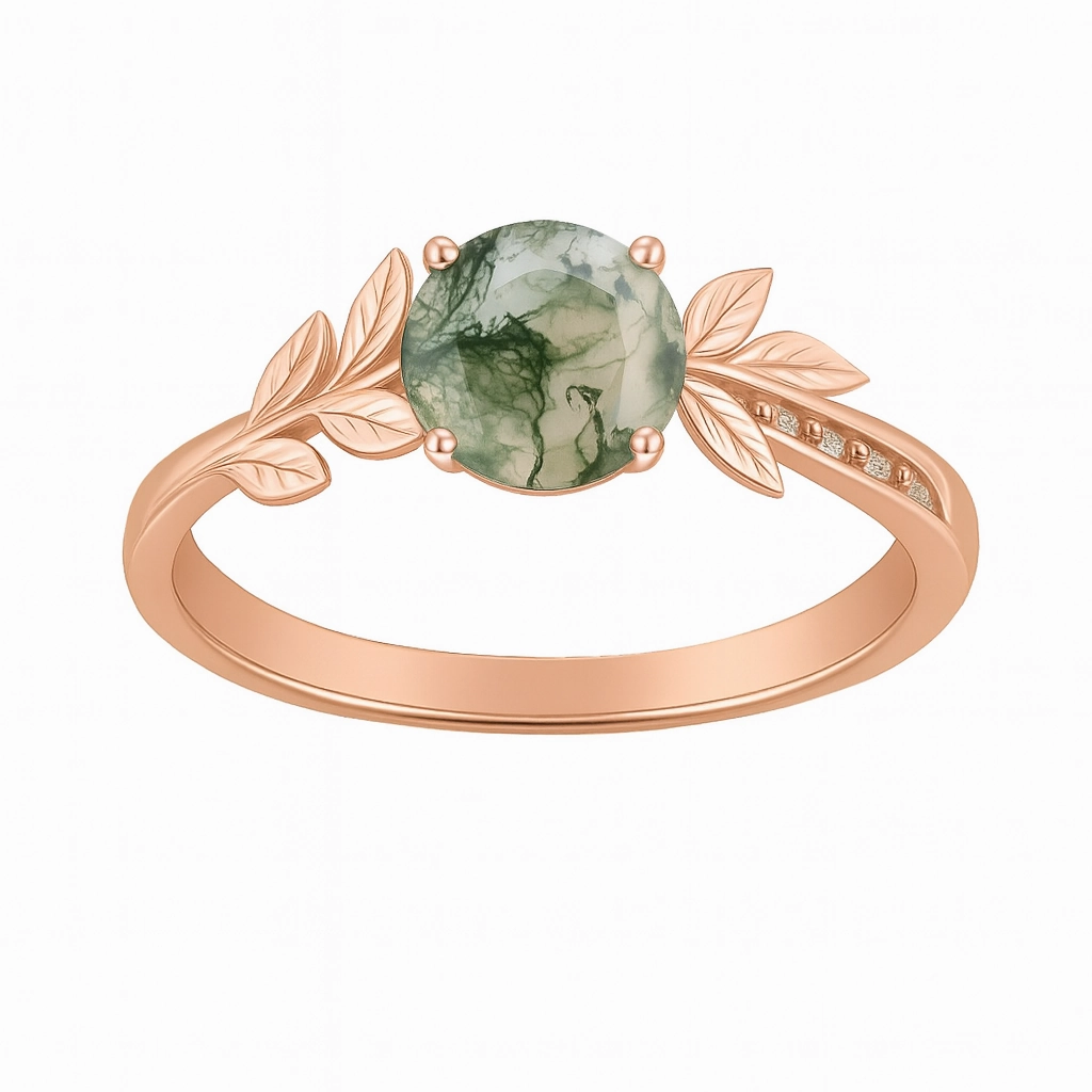 Unisex accessory Showcase Jewelry 1.05 Ct Round Green Moss Agate Leaf Engagement Ring