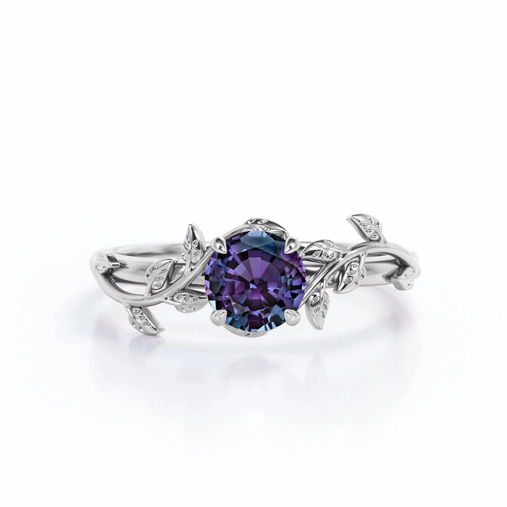 Nature Inspired 1 Ct Round Lab Alexandrite Engagement Ring simple design Showcase Piece