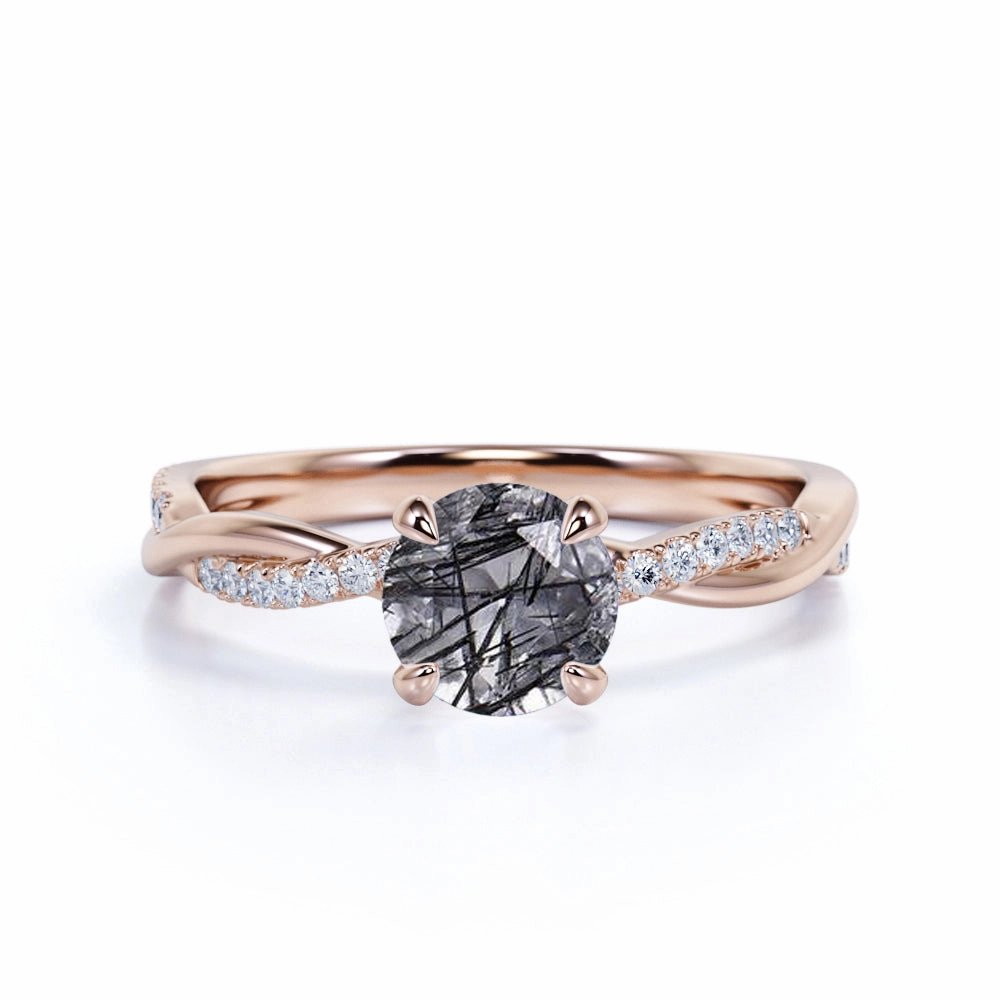 Practical Appearance Clean Accent 1.25 ct Round Black Rutilated Quartz Infinity Pave Engagement Ring