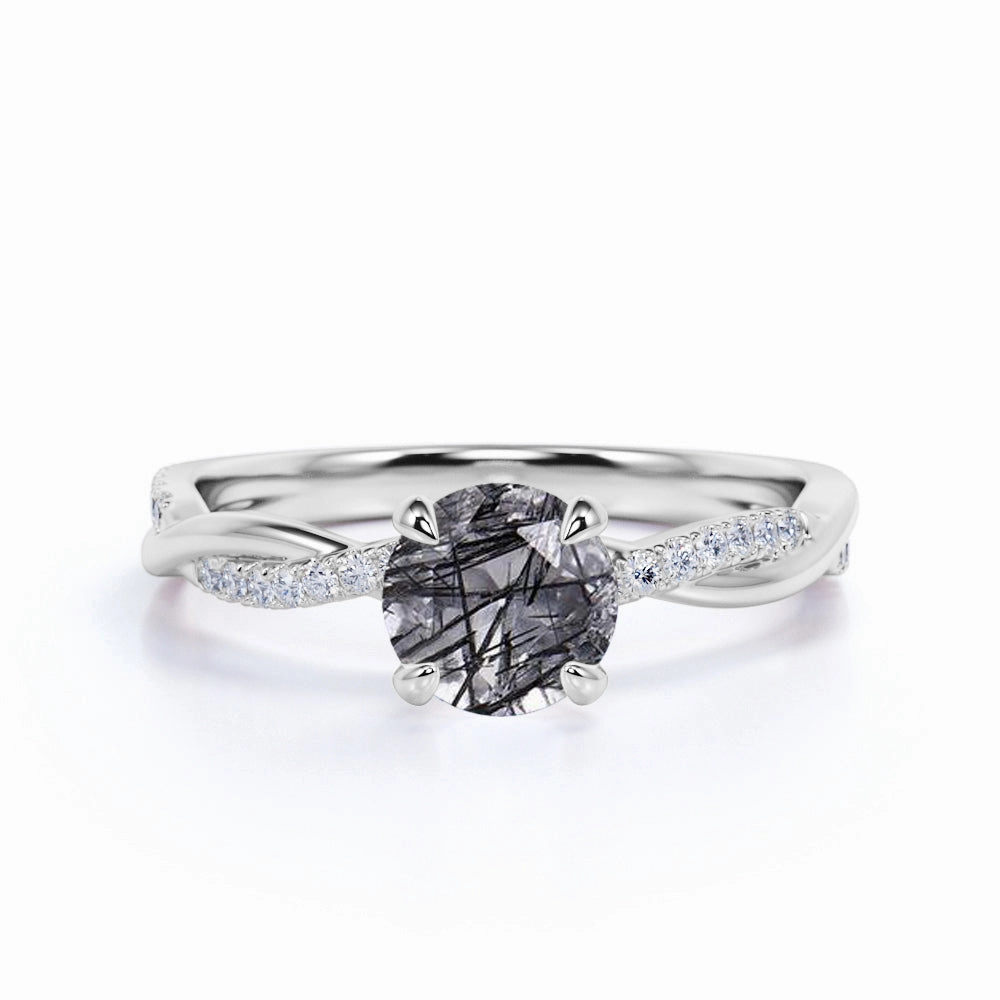 Limited Edition 1.25 ct Round Black Rutilated Quartz Infinity Pave Engagement Ring