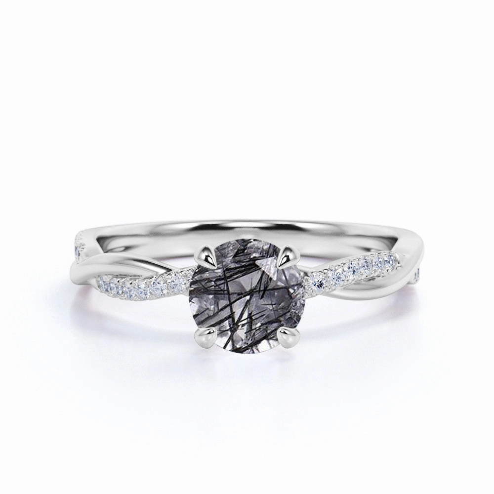 Elegant Bauble Understated Glimmer 1.25 ct Round Black Rutilated Quartz Infinity Pave Engagement Ring