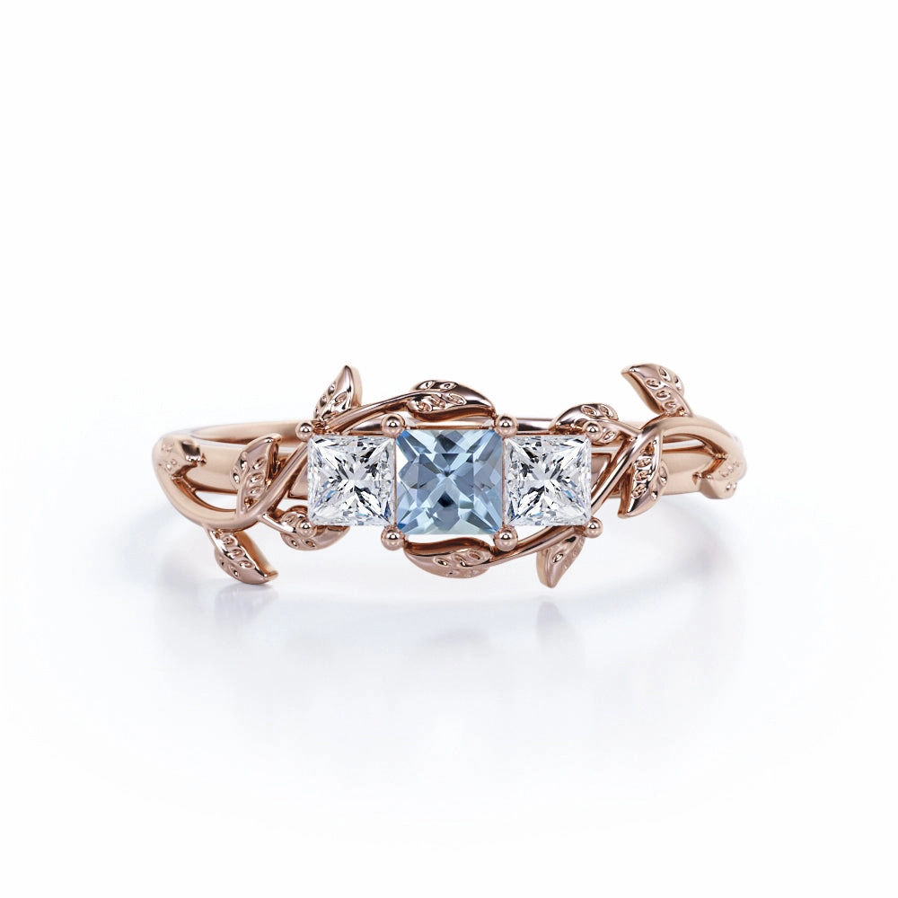 1 ct Princess Aquamarine Floral Engagement Ring Refined Texture Graceful Vibe