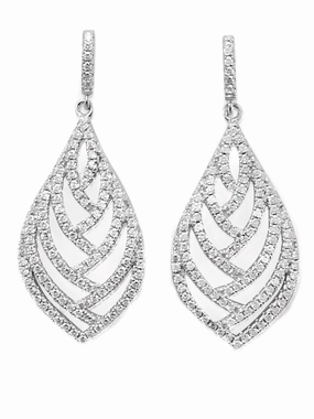 Cubic Zirconia Dangle Leaf Earrings Rhodium on Sterling Silver Futuristic Ornament