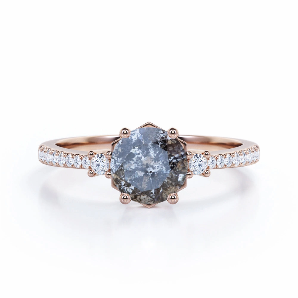 Pave 0.75 Ct Round Cut Salt and Pepper Diamond Engagement Ring Artistic Product