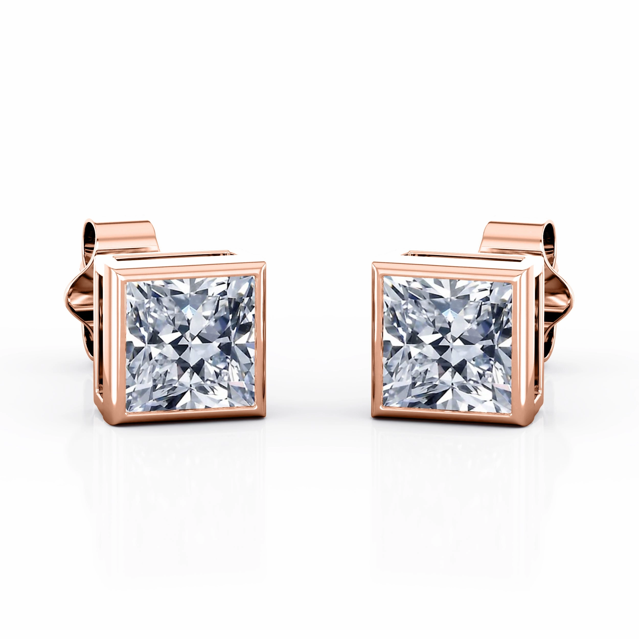 Single Stone Bezel Set 1 Carat Princess Cut Moissanite Simple Ear Studs in White Gold Unique Look