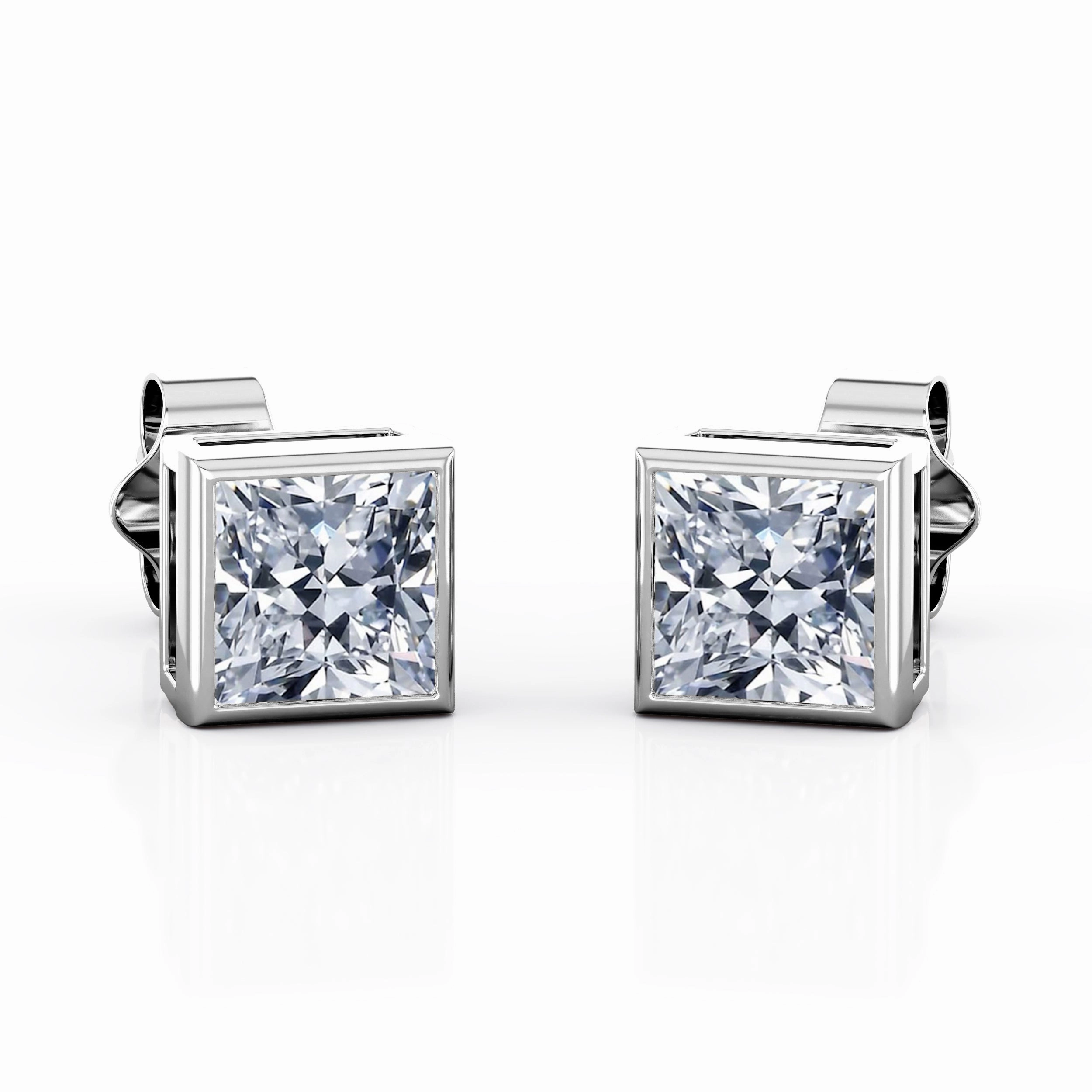 Single Stone Bezel Set 1 Carat Princess Cut Moissanite Simple Ear Studs in White Gold Glittering Product