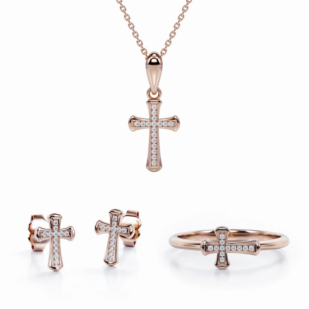 Pave-Channel Rounded Jewelry Set 0.2 TCW Diamond with Cross Pendant, Earrings & Ring Versatile Fit Heavyweight Feel