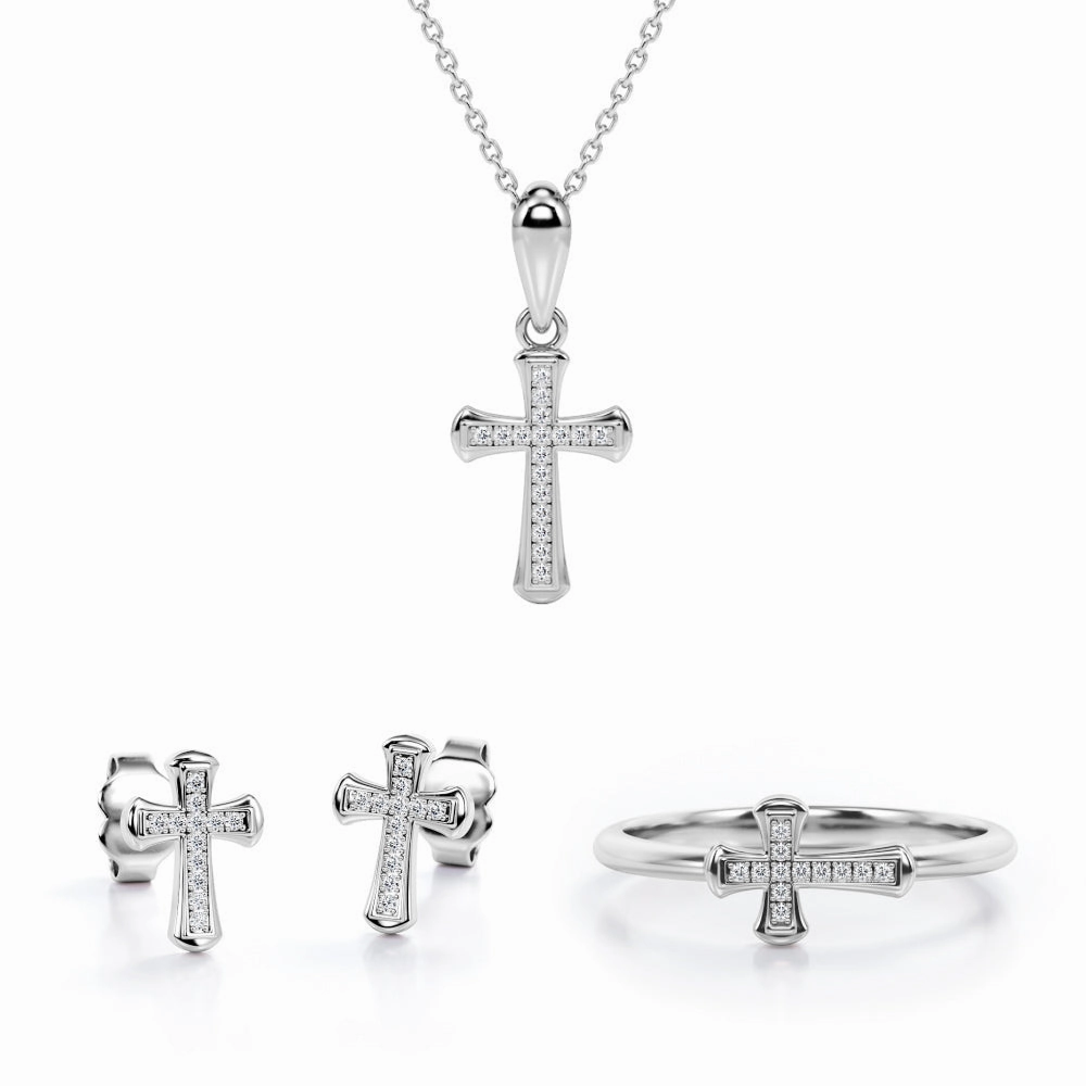 Pave-Channel Rounded Jewelry Set 0.2 TCW Diamond with Cross Pendant, Earrings & Ring Exclusive Article Simple Vibe
