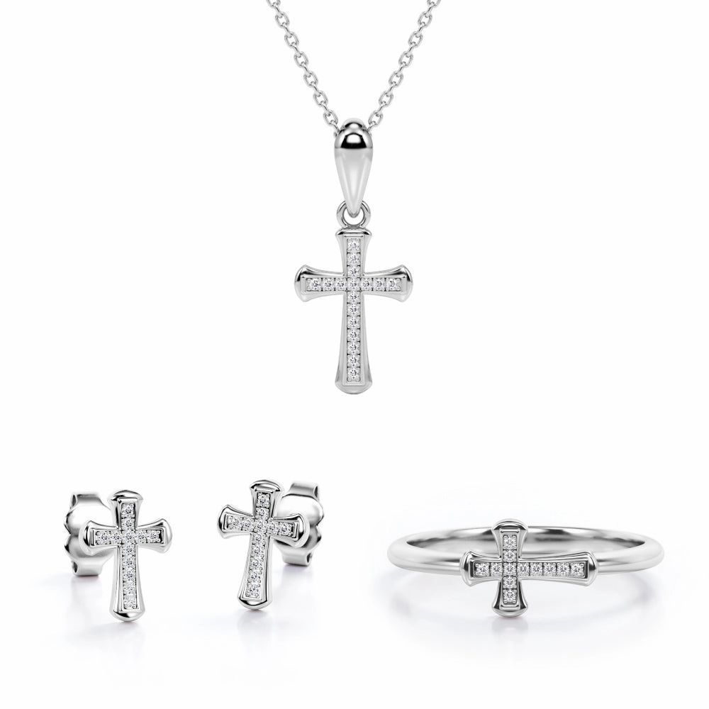 Minimalist Design Pave-Channel Rounded Jewelry Set 0.2 TCW Diamond with Cross Pendant, Earrings & Ring