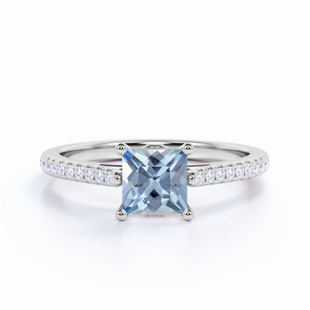 Pave 1.50 ct Princess Aquamarine Engagement Ring Beautiful Adornment Vivid Accent