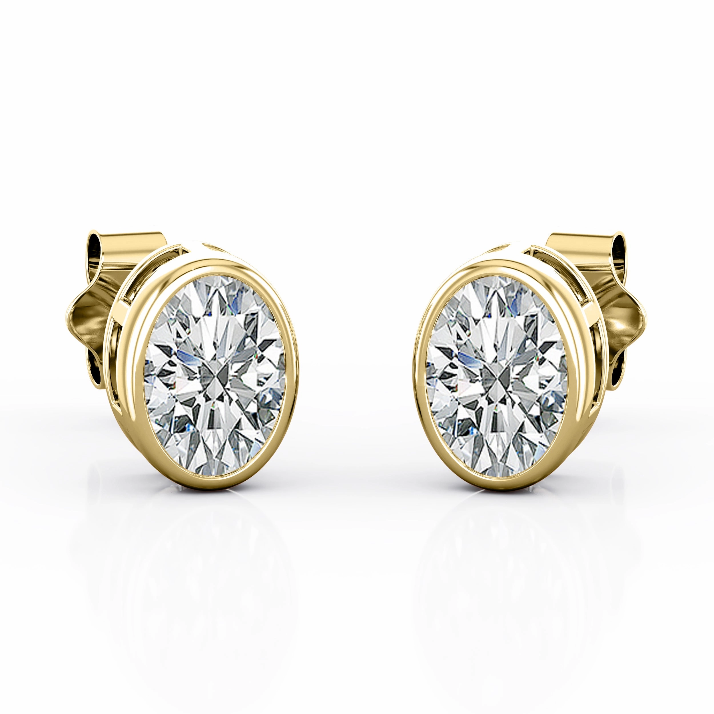 Solitaire 1 Carat Oval Cut Certified Moissanite Bezel Set Stud Earrings in Yellow Gold Oval Embellishment Pastel Accessory