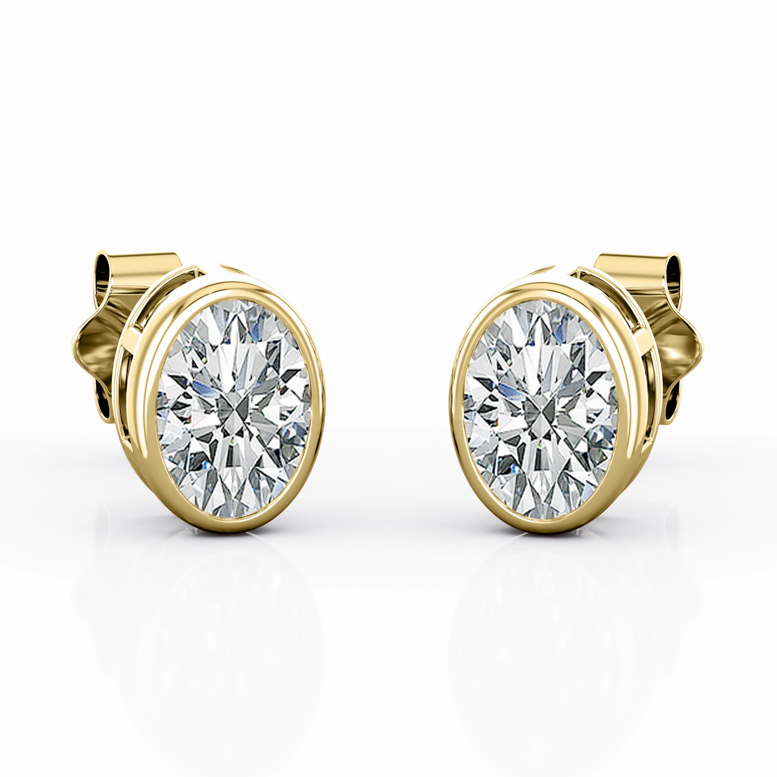 Safe Piece Solitaire 1 Carat Oval Cut Certified Moissanite Bezel Set Stud Earrings in Yellow Gold