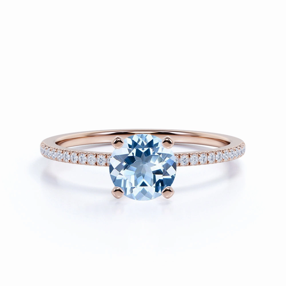 Stylish Accent Contemporary Geometry Three Stone 1.25 ct Round Aquamarine Engagement Ring