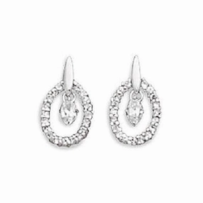 Oval Cubic Zirconia CZ Center Drop Post Earrings Rhodium on Sterling Silver Premium Accent