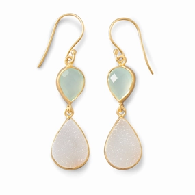White Druzy and Green Chalcedony Earrings Gold-plated Sterling Silver Minimalist Decoration