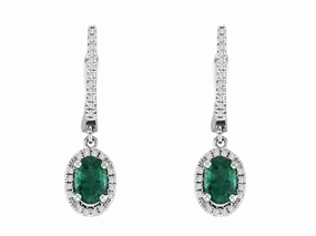 Daytime Style Oval Shape Emeralds and Diamond Dangle Earrings in 14K White Gold (.94ctw)