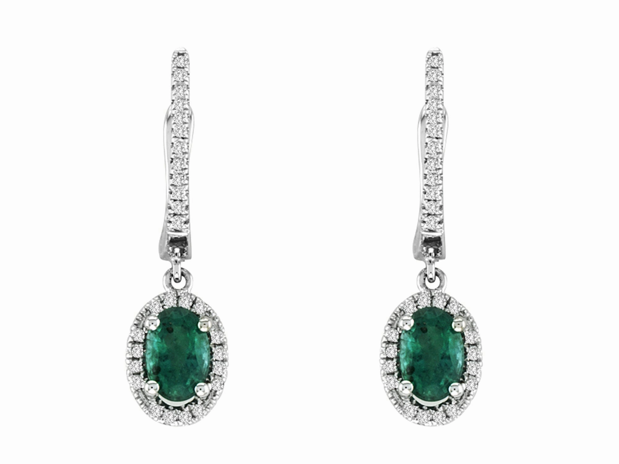 Daytime Style Oval Shape Emeralds and Diamond Dangle Earrings in 14K White Gold (.94ctw)