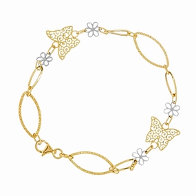 14k Two-tone Gold Bracelet with Filigree Butterflies and Daisy Flowers Standout Piece