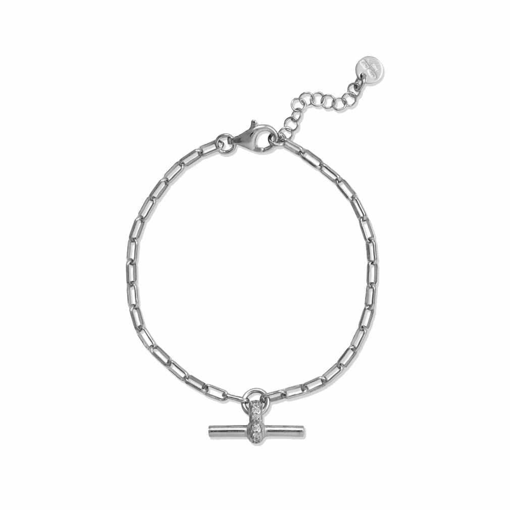 Outfit Elevator Cross-Cultural Mixes Paper Clip Chain Bracelet Toggle Bar Charm with Cubic Zirconia Adjustable Rhodium on Sterling Silver