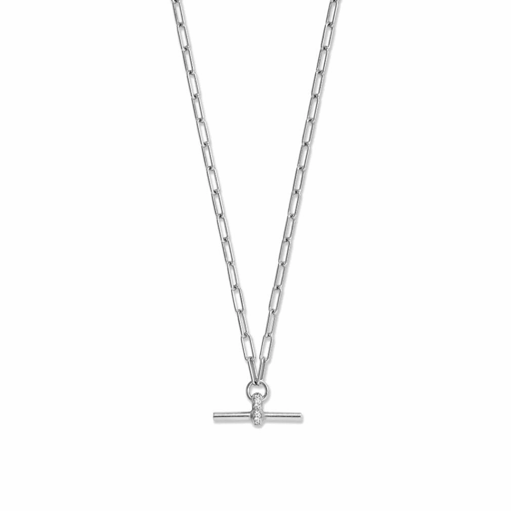 Paper Clip Chain Necklace with Toggle Bar Pendant Cubic Zirconia Rhodium on Sterling Silver Dramatic Style