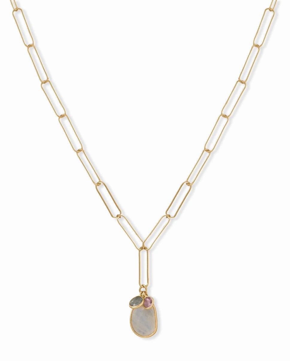Paperclip Chain Necklace with Labradorite Amethyst and Rainbow Moonstone Fashion Accent