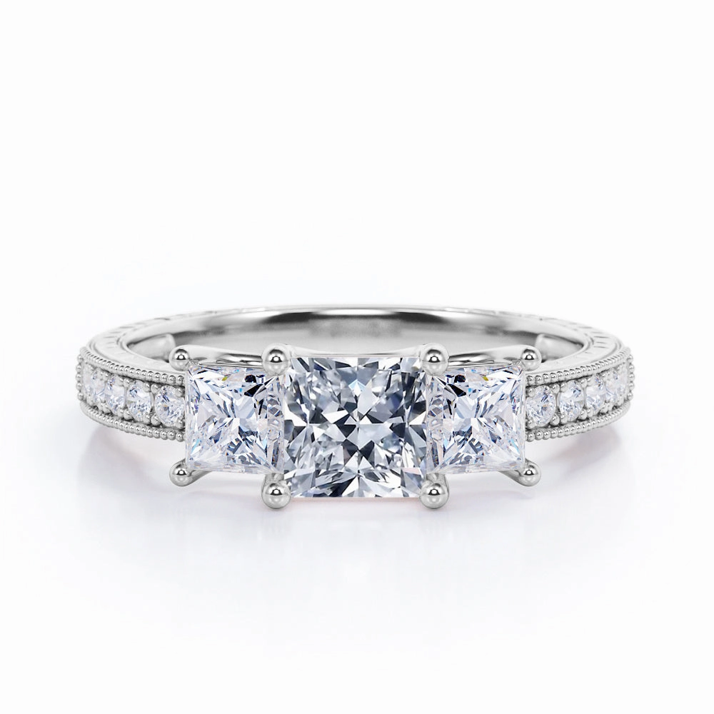 Minimalist Style Past, Present and Future 0.50 Carat Princess Cut Diamond Vintage Milgrain Engagement Ring In Black Gold