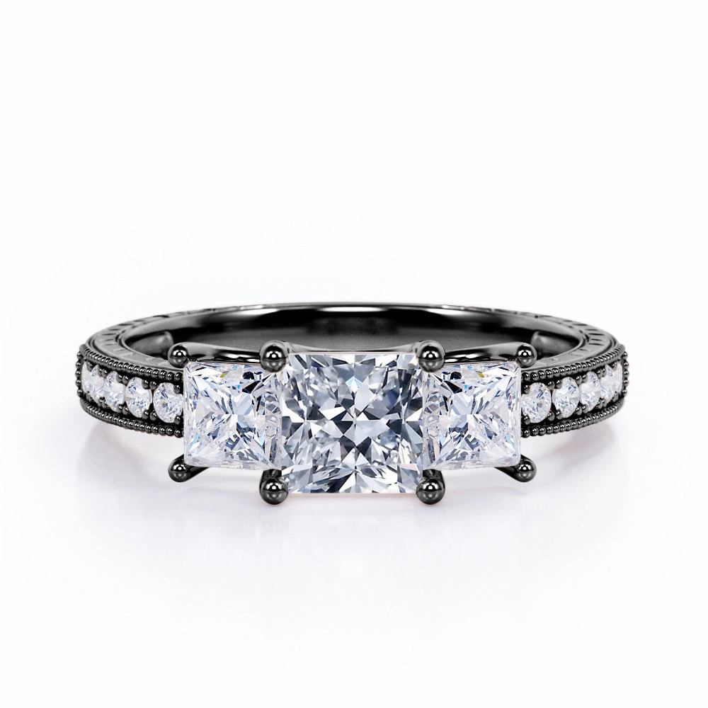 Fresh Style Past, Present and Future 0.50 Carat Princess Cut Diamond Vintage Milgrain Engagement Ring In Black Gold