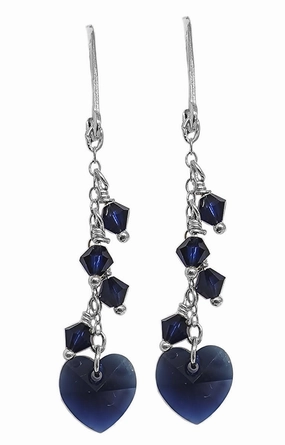 Sparkling Crystal Heart Cluster Dangle Earrings Sterling Silver - Dark Blue Safe Detail