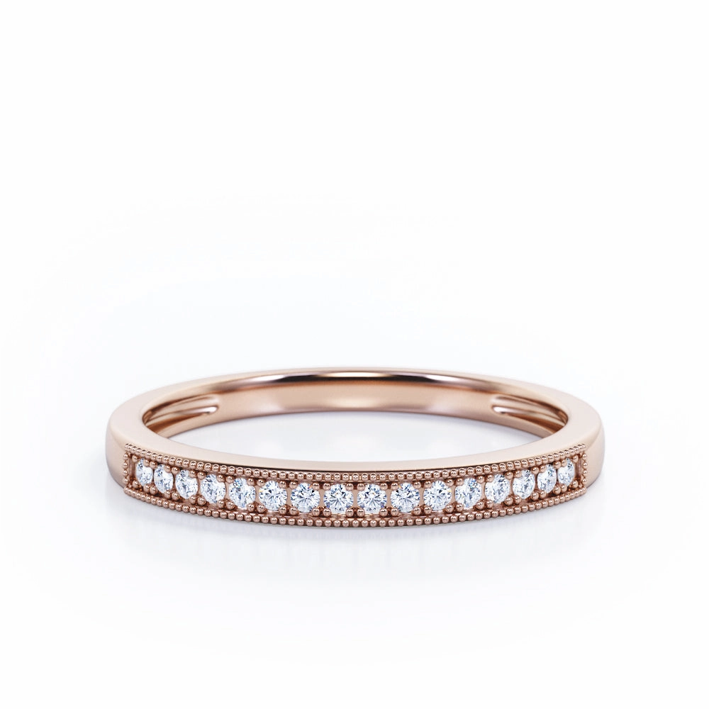 Pave 0.15 TCW Round Shape Milgrain Wedding Band Vintage Emblem