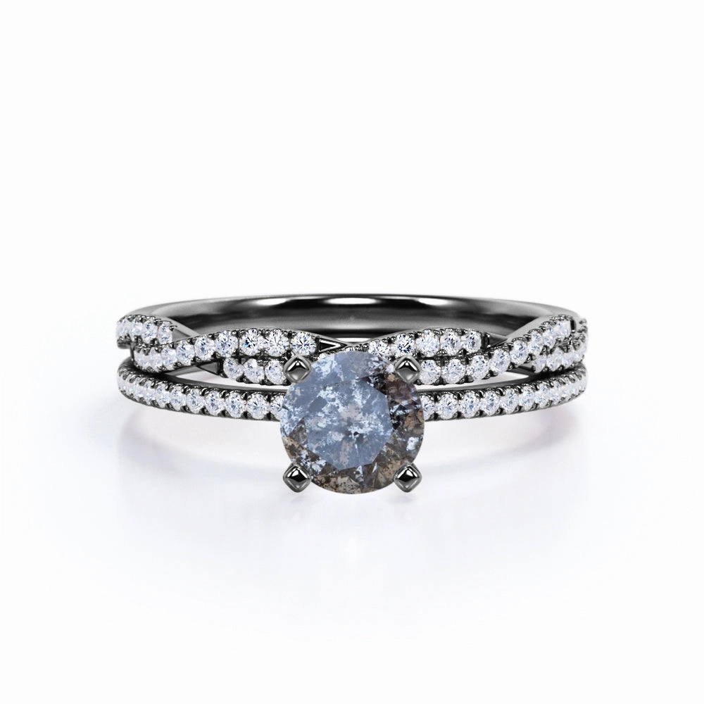 Soft Movement Bold Present Pave 0.70 Ct Round Cut Salt and Pepper Diamond Wedding Ring Set