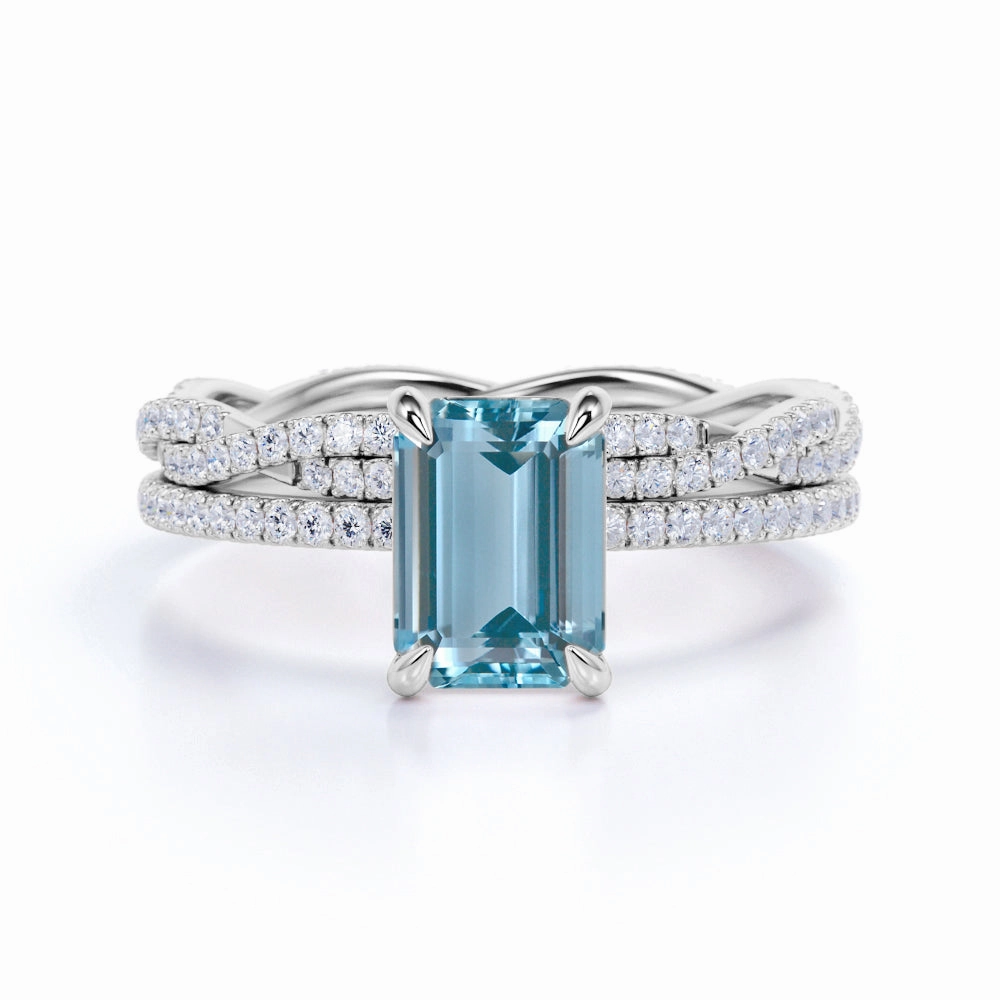 Pave 1.25 ct Emerald Cut Aquamarine Infinity Bridal Ring Set Artisan Texture