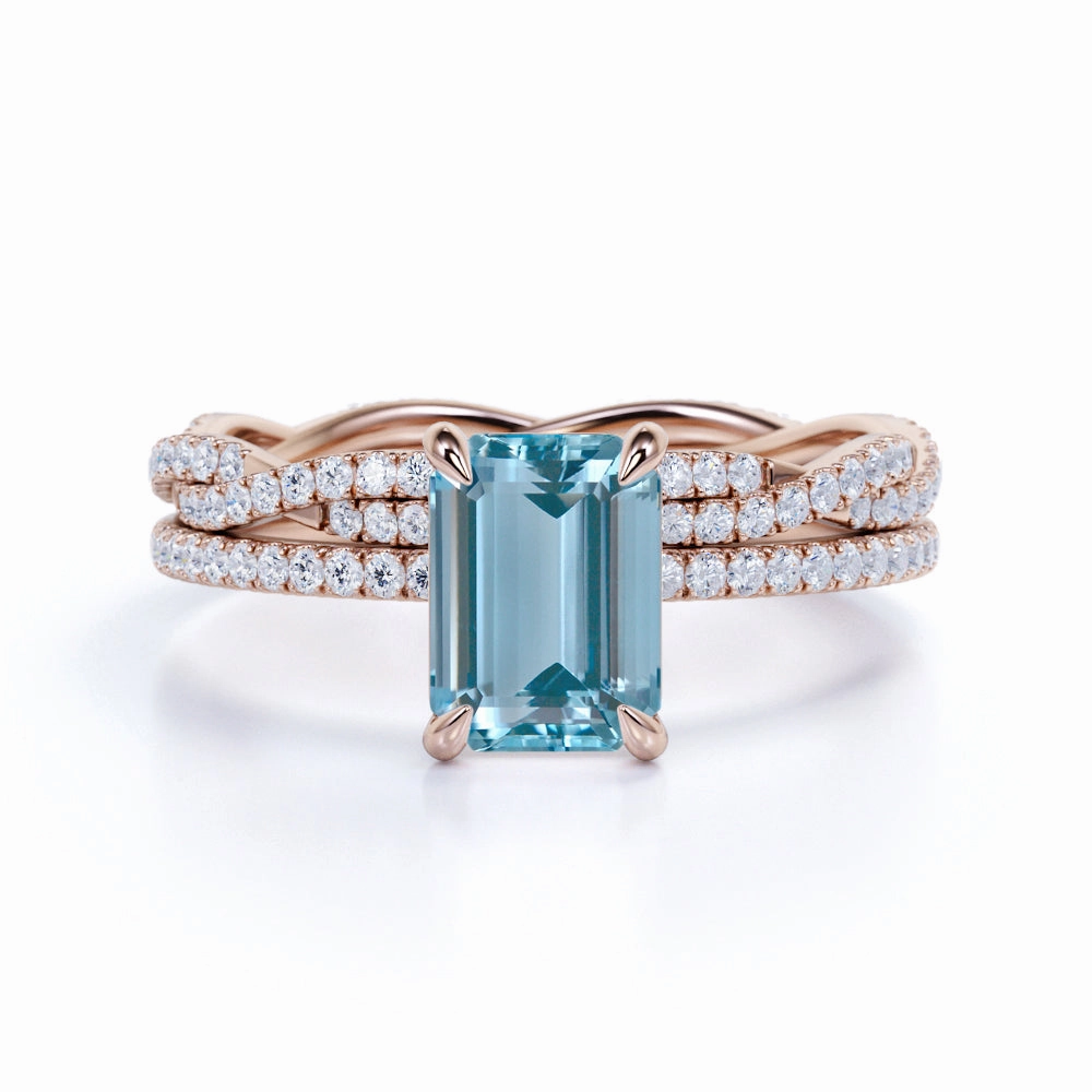Pave 1.25 ct Emerald Cut Aquamarine Infinity Bridal Ring Set HighEnd Token standard size