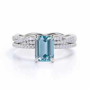 Pave 1.25 ct Emerald Cut Aquamarine Infinity Bridal Ring Set Artisan Texture