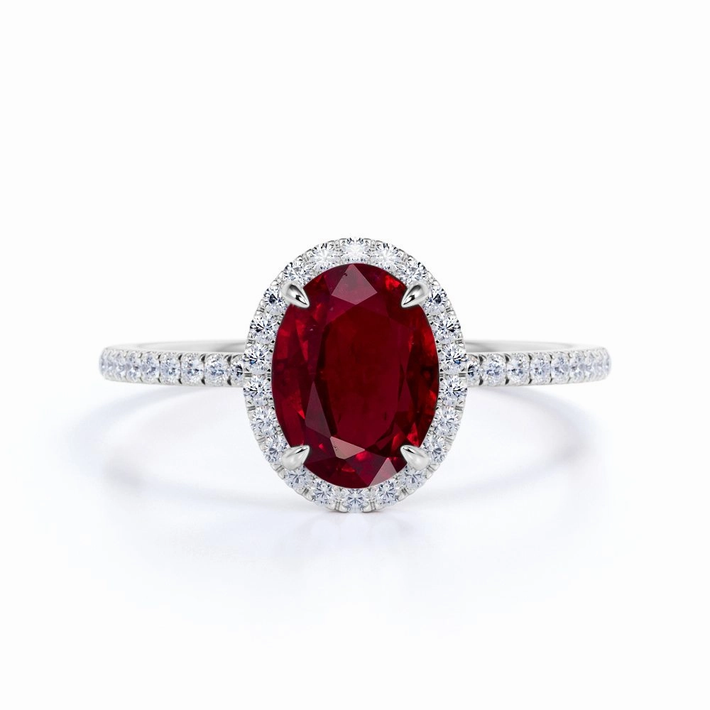 Pave 1.25 ct Oval Lab-Created Ruby Halo Engagement Ring Modern Geometry Lively Accent
