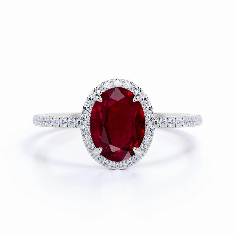 No Brand Warm Tone Pave 1.25 ct Oval Lab-Created Ruby Halo Engagement Ring