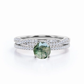 Wearable Art Minimal Accent Pave 1.25 ct Round Cut Moss Agate Wedding Ring Set