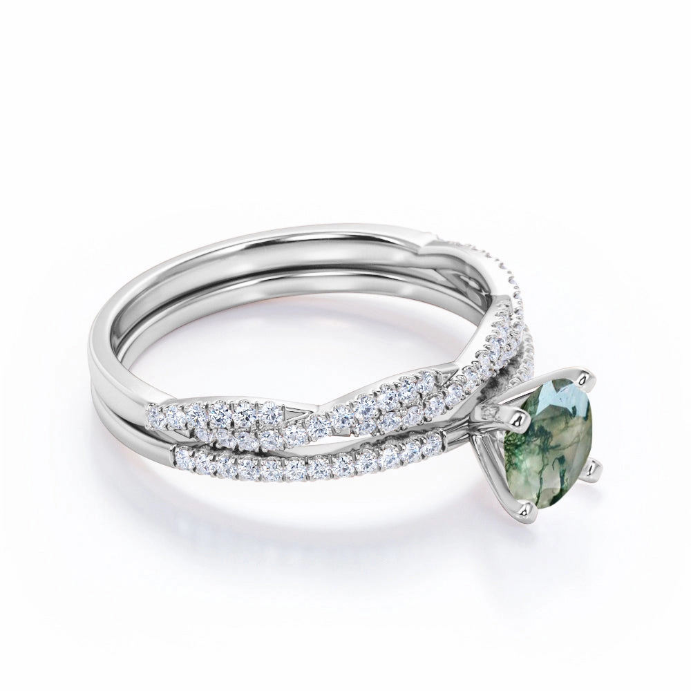 Fantastic Ornament Pave 1.25 ct Round Cut Moss Agate Wedding Ring Set
