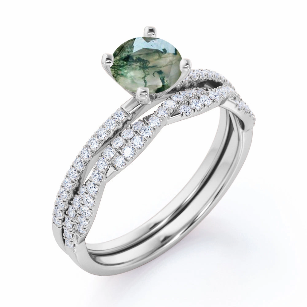 Secure Ornament Refined Flow Pave 1.25 ct Round Cut Moss Agate Wedding Ring Set