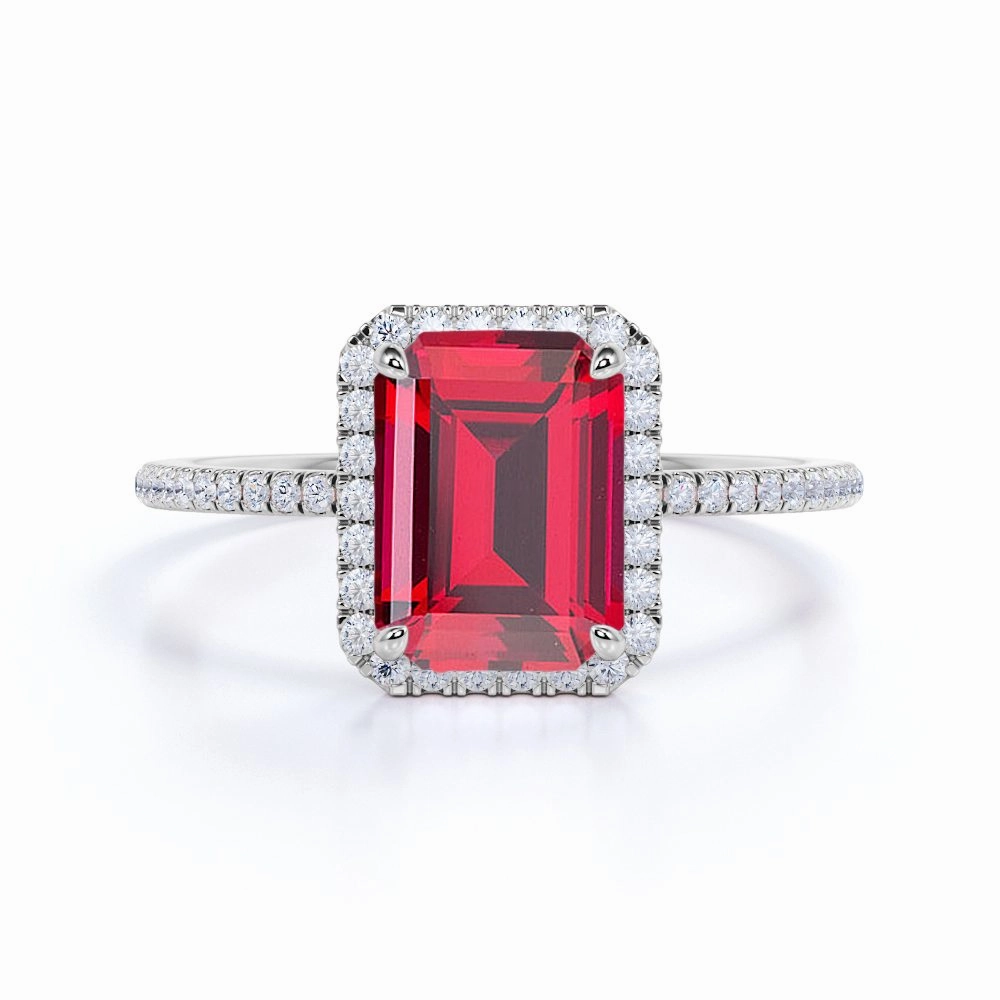 Fantastic Article Signature Accessory Pave 1.30 ct Emerald Lab-Created Ruby Halo Engagement Ring