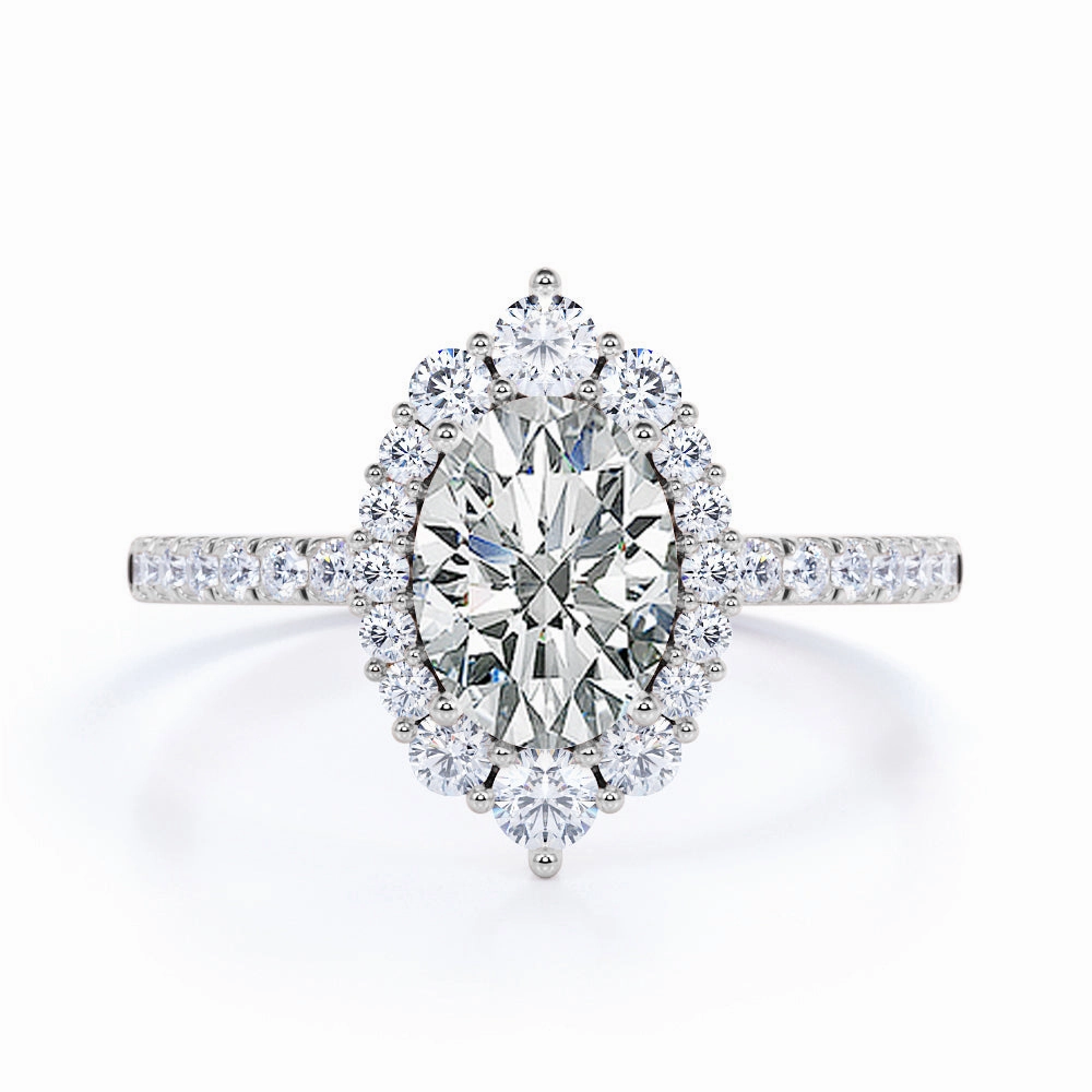 Pave 1.50 Carat Oval Moissanite Halo Engagement Ring Sealed Edge One Size