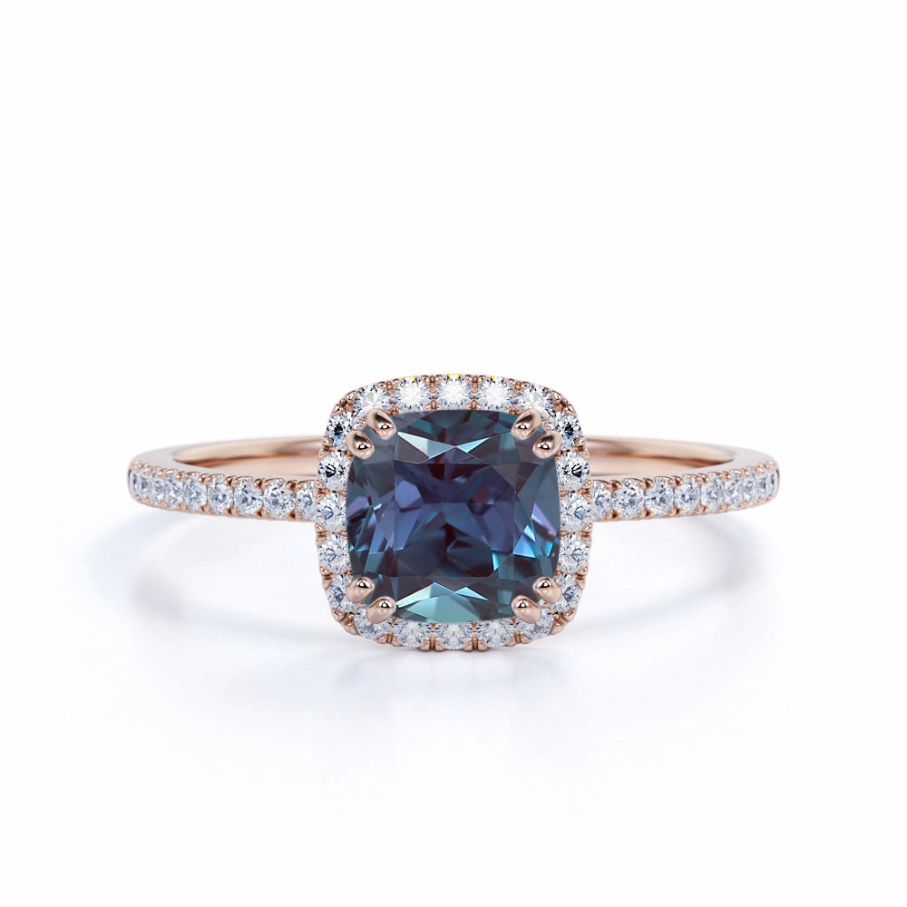 Expert Service Pave 1.50 Ct Cushion Lab Alexandrite Halo Engagement Ring