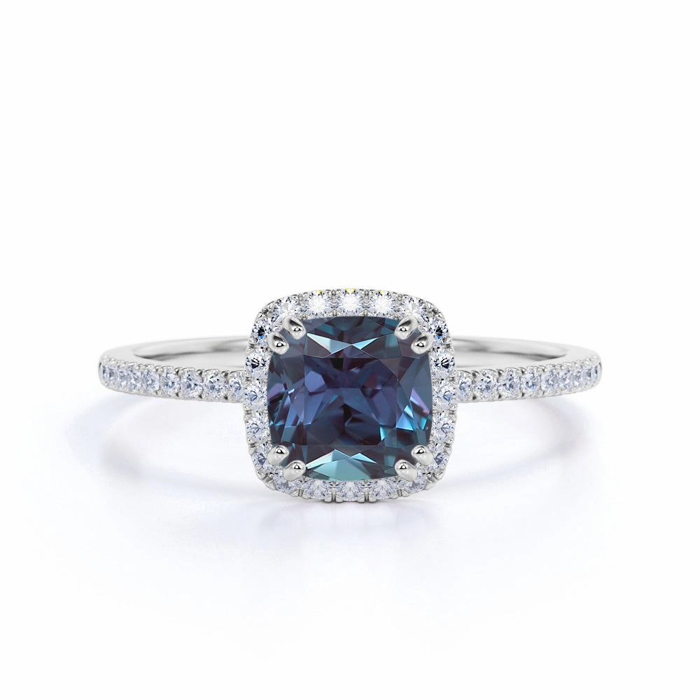 Pave 1.50 Ct Cushion Lab Alexandrite Halo Engagement Ring Ornate Keepsake