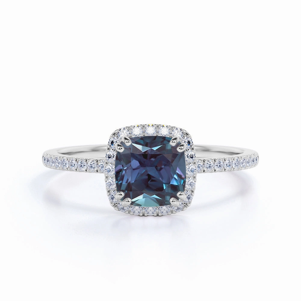 Adjustable For All Luxury Trinket Pave 1.50 Ct Cushion Lab Alexandrite Halo Engagement Ring