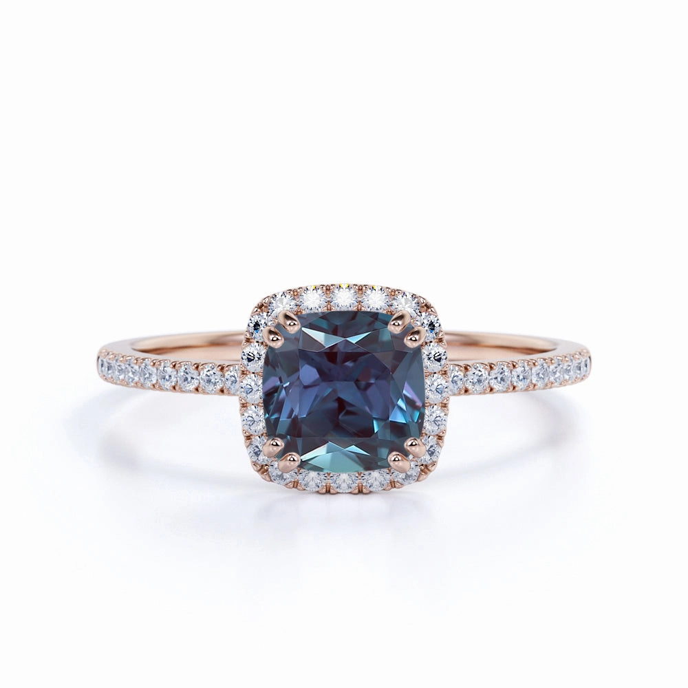 Pave 1.50 Ct Cushion Lab Alexandrite Halo Engagement Ring Personal Article Affordable Ornament