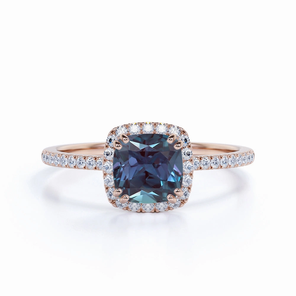 Pave 1.50 Ct Cushion Lab Alexandrite Halo Engagement Ring Signature Accessory Fashion Piece