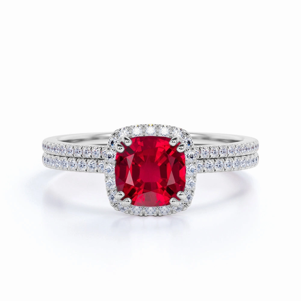 Pave 1.50 ct Cushion Lab-Created Ruby Halo Bridal Set Glittery Accent Perfect Gift