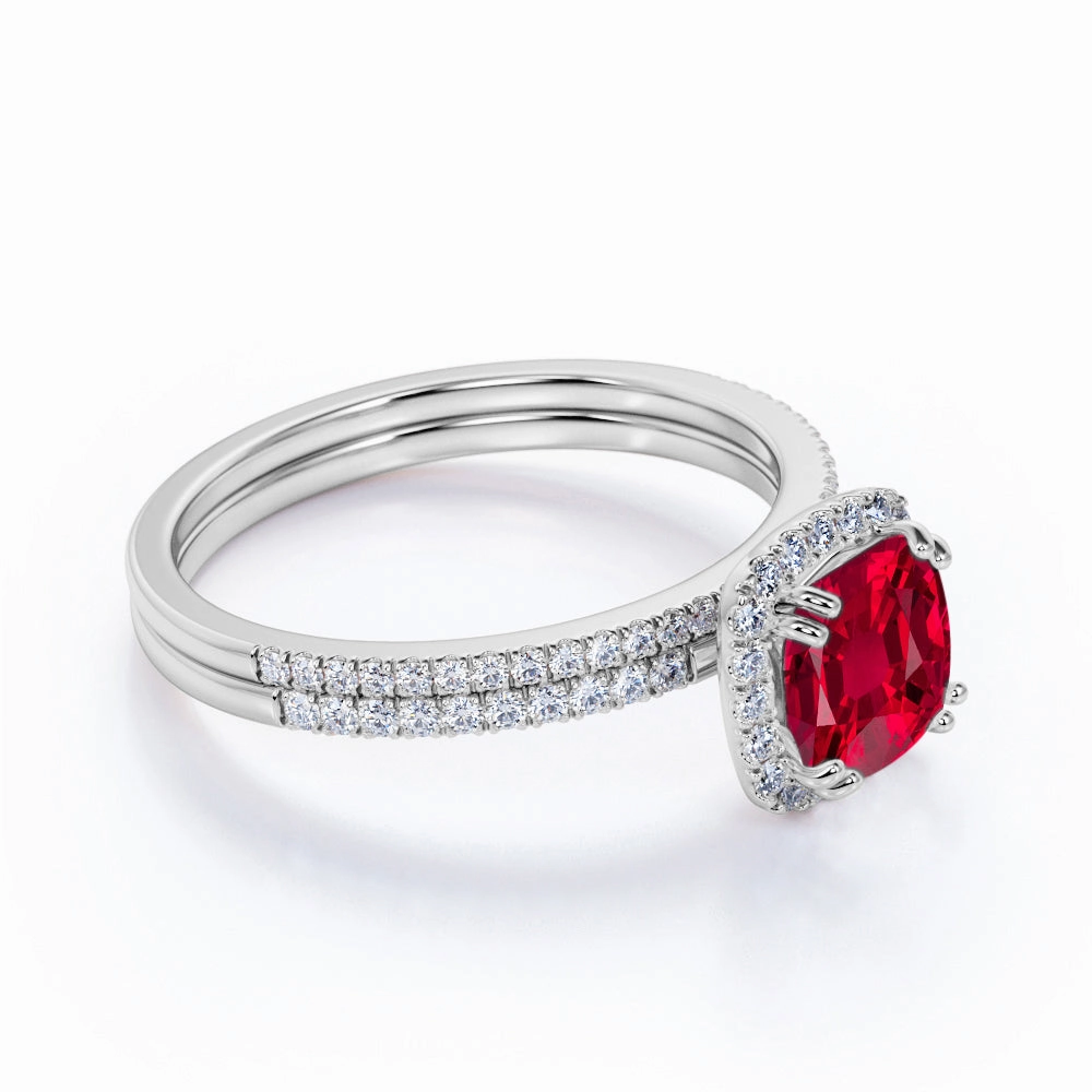 Elegant Choice Pave 1.50 ct Cushion Lab-Created Ruby Halo Bridal Set