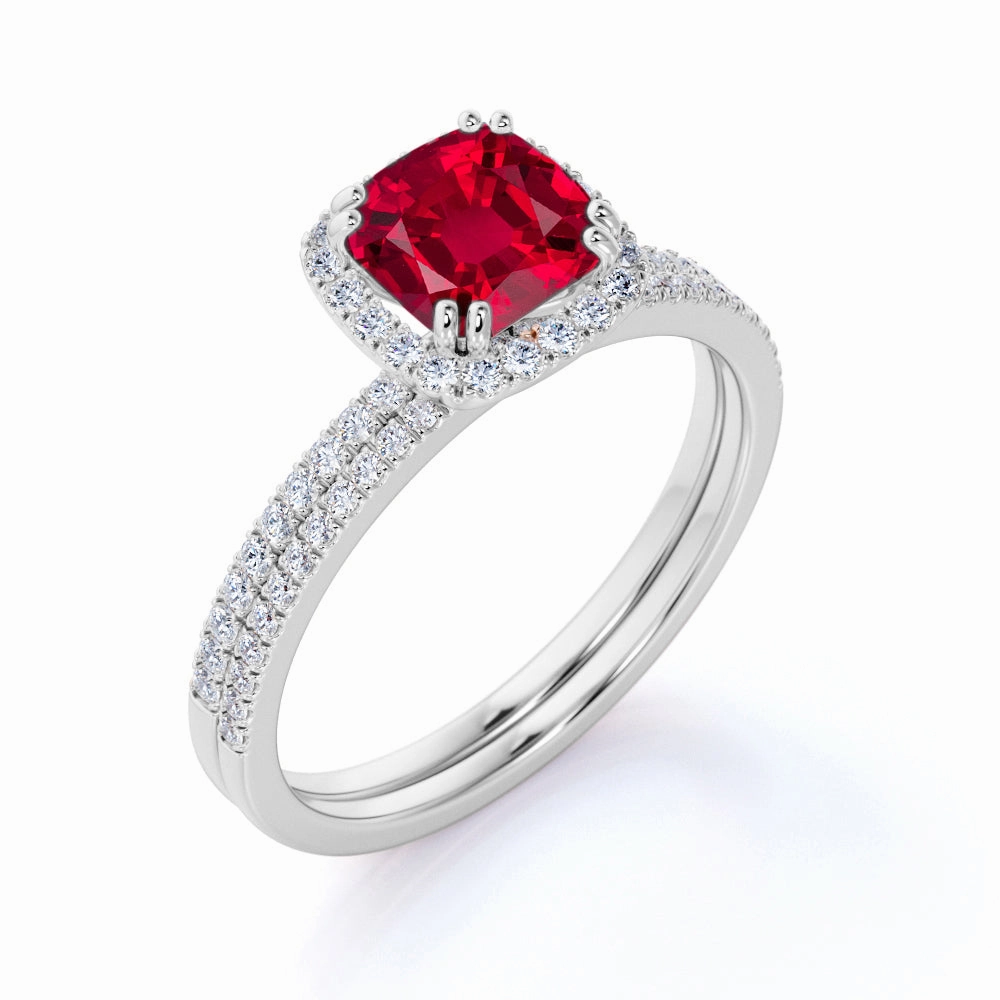 Pave 1.50 ct Cushion Lab-Created Ruby Halo Bridal Set Complete Set